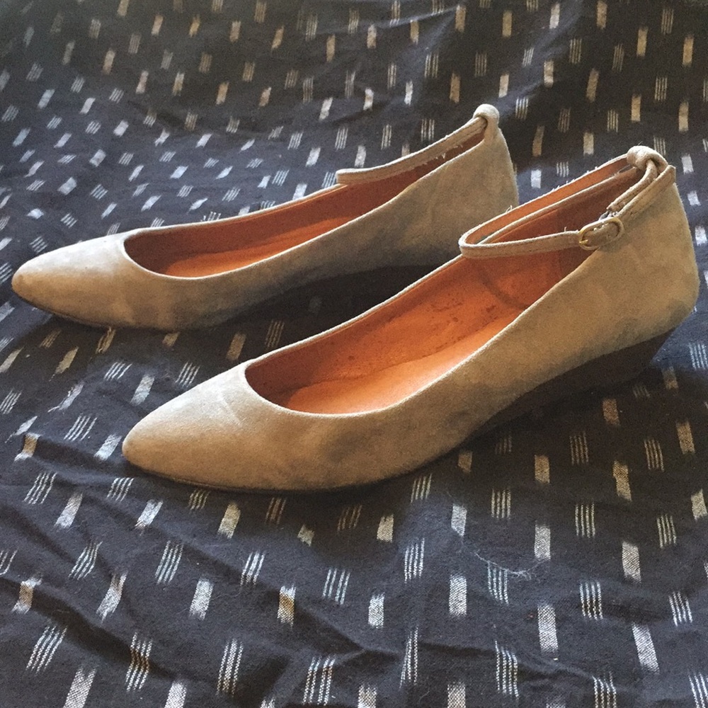 Madewell 1937 silver suede ankle strap wedge flats